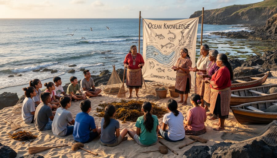 Indigenous woman teaching younger generation about traditional sustainable fishing practices on beach