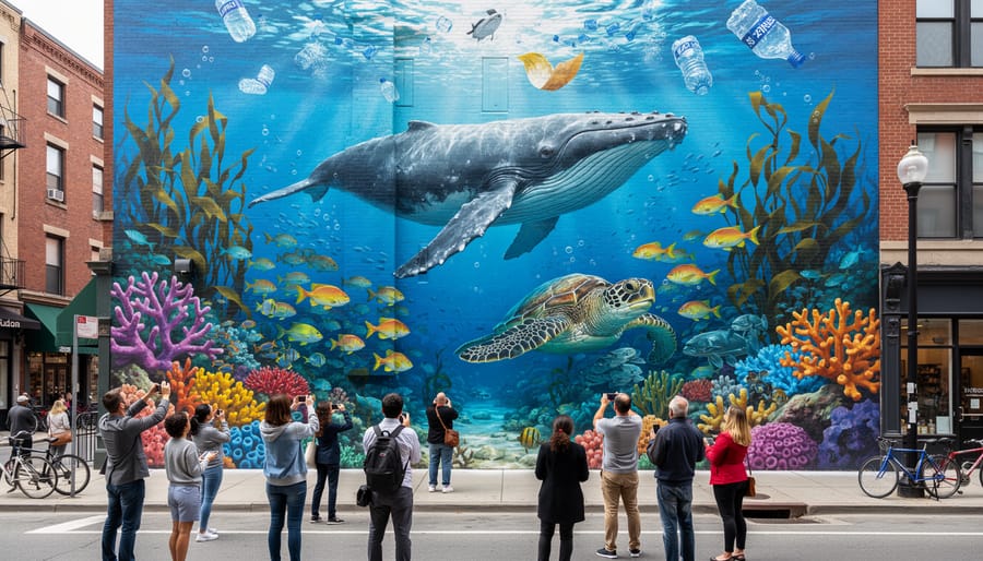 Large ocean conservation mural on city building featuring sea turtle and marine life