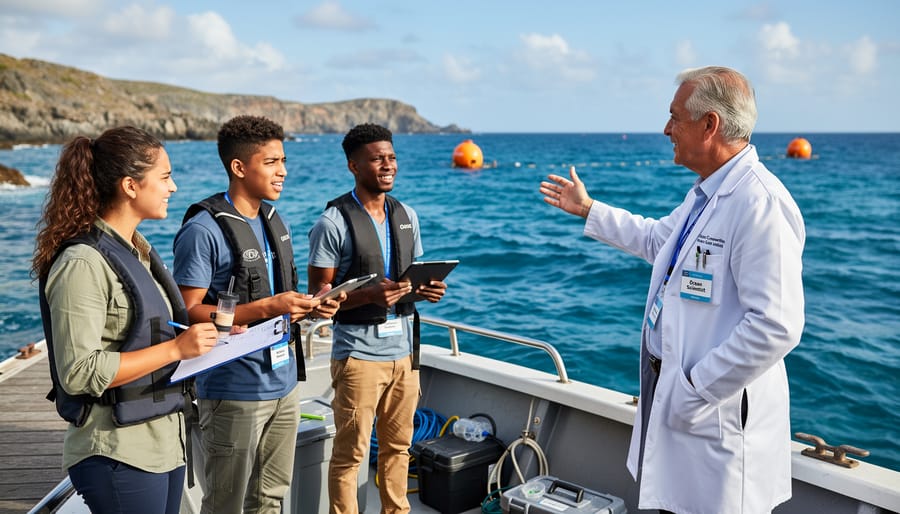 Marine conservation team collaborating on research boat during fieldwork