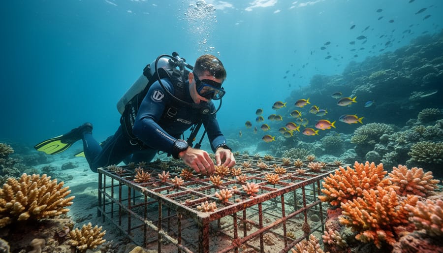 Underwater view of a marine biologist planting coral fragments on a reef nursery frame amid recovering corals and schooling tropical fish, with sunbeams streaming from the surface, conveying ocean resilience and restoration.