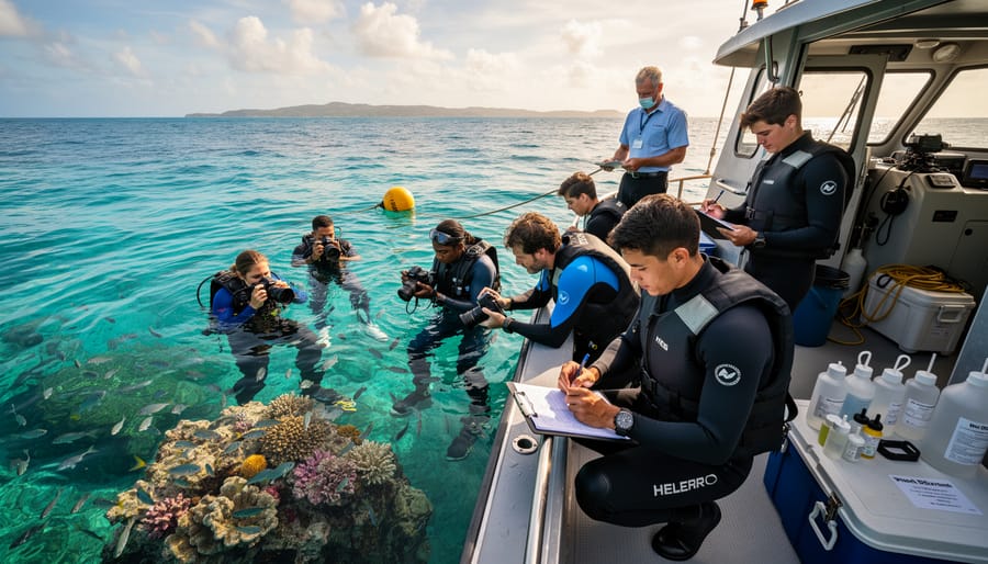 Marine biology intern conducting underwater research near coral reef