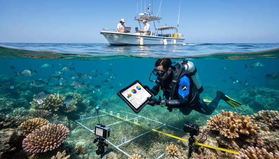 Marine researcher conducting underwater monitoring of reef health using scientific equipment