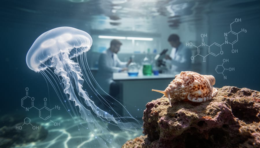 Underwater scene showing bioluminescent jellyfish and cone snails on coral reef