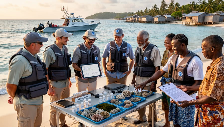 Scientists and community members collaborating at coastal marine research station