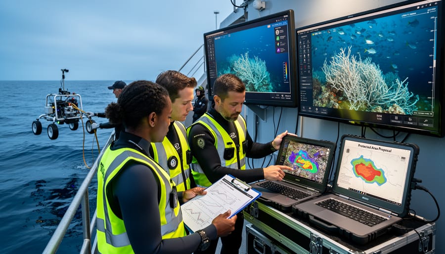Marine researchers collaborating on deep-sea conservation research aboard vessel