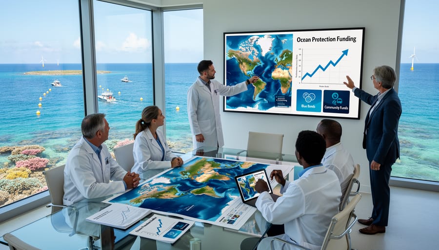 Marine conservation scientists examining coral samples on research vessel