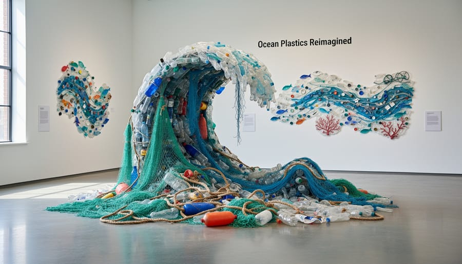 Artist's hands working with colorful recovered ocean plastic debris to create environmental art