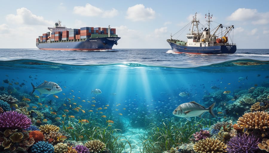 Vibrant coral reef with diverse tropical fish in clear blue ocean water