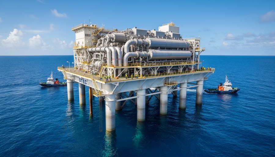 Underwater view of OTEC facility pipes extending through ocean water column