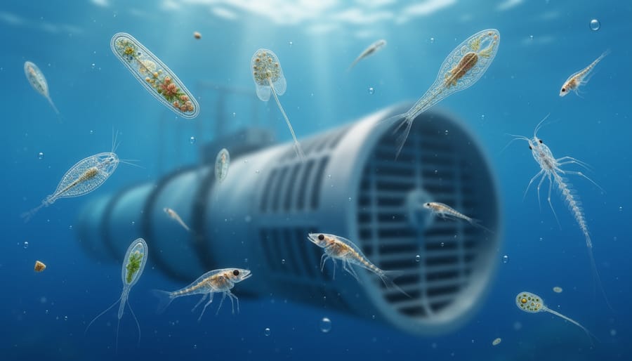 Close-up of diverse plankton organisms floating in ocean water