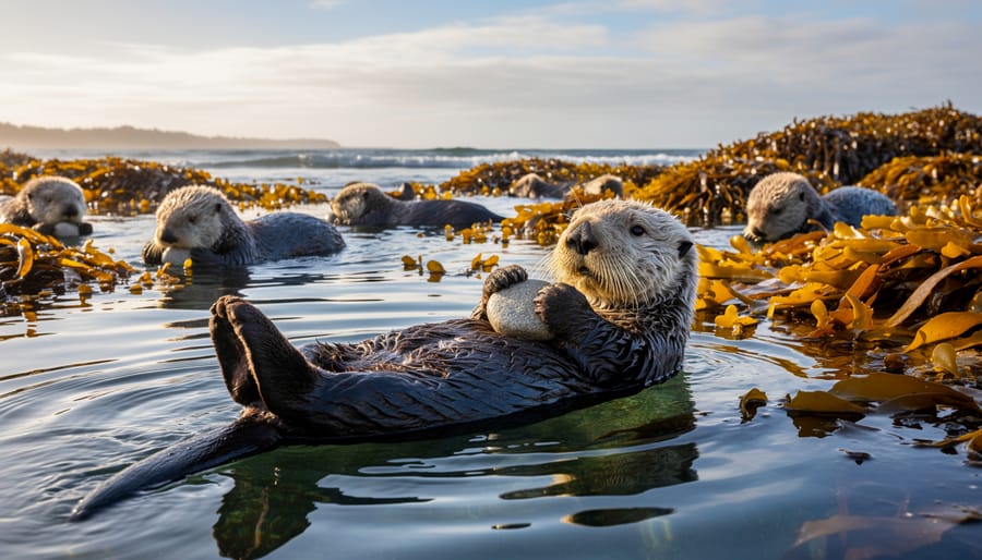 Sea otter floating on back examining sea urchin in its paws underwater