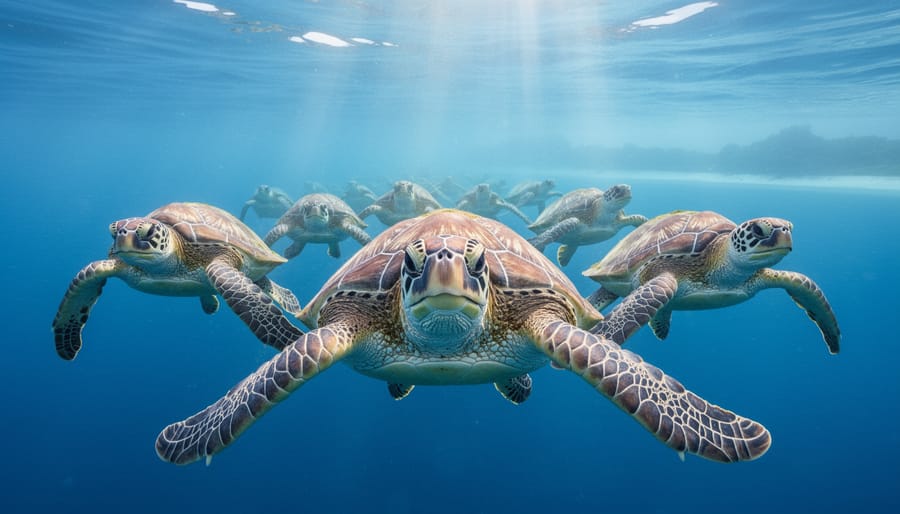 Green sea turtle swimming over coral reef in clear tropical waters
