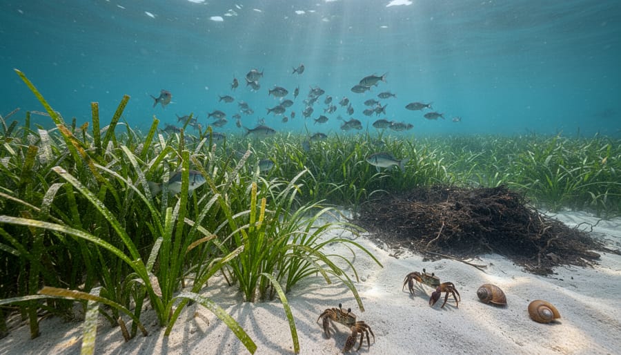 Aerial view of healthy seagrass meadow in shallow coastal waters