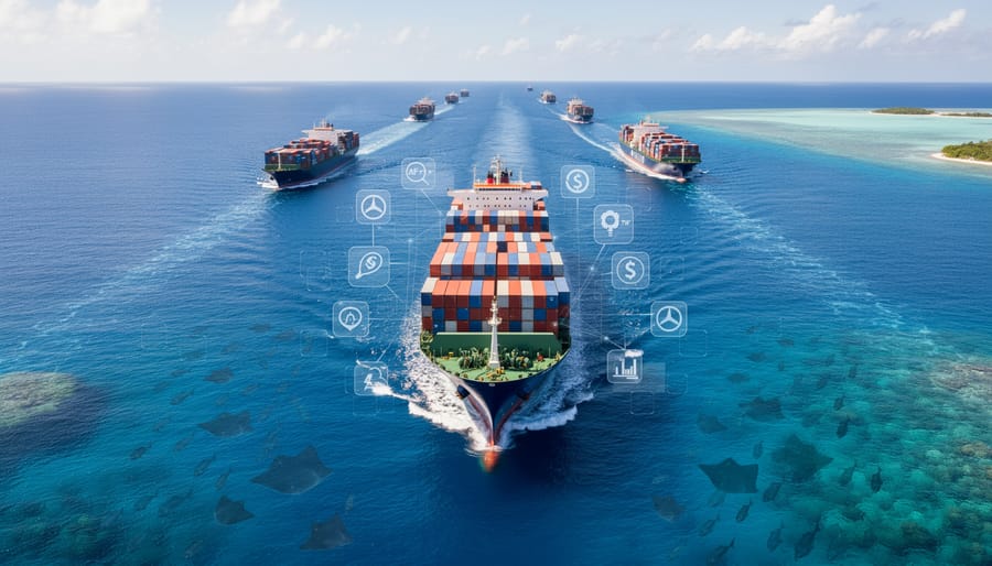 Aerial view of container ship traveling through blue ocean waters