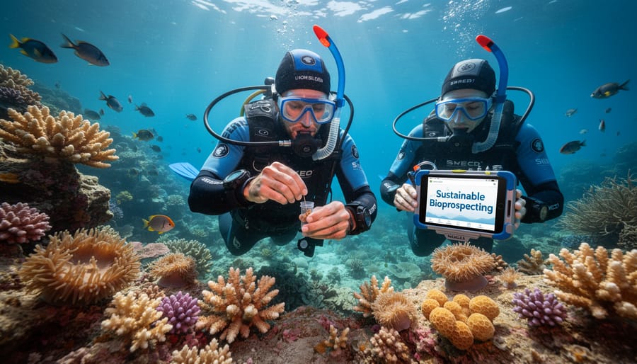 Marine researcher collecting water samples near coral reef using sustainable methods
