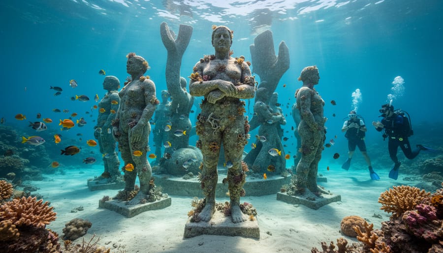 Underwater sculpture covered in coral growth with tropical fish swimming around it