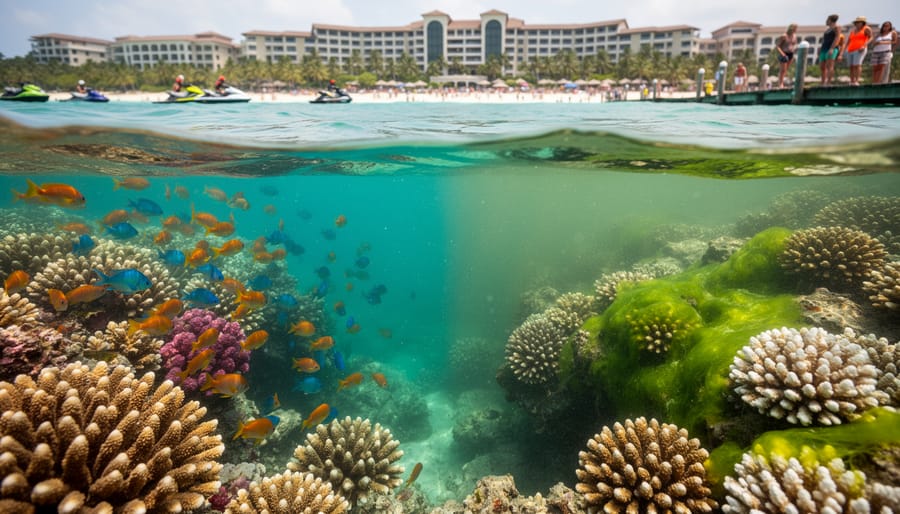 Degraded coral reef showing bleaching and algae overgrowth in polluted water