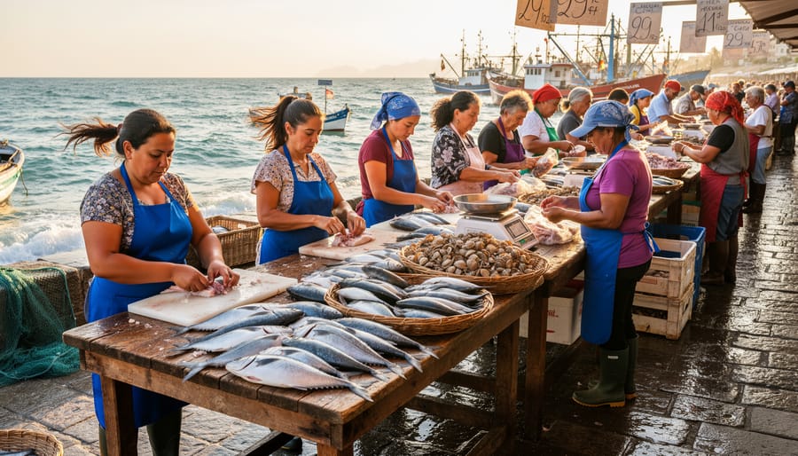 Women sorting fish and seaweed in baskets on coastal dock with ocean in background