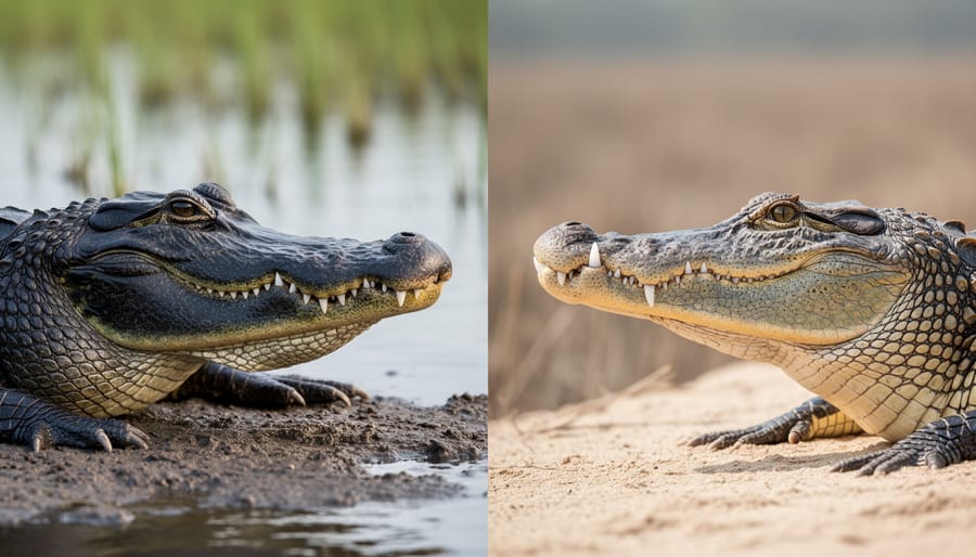 American alligator and saltwater crocodile showing distinctive snout shape differences in shallow water