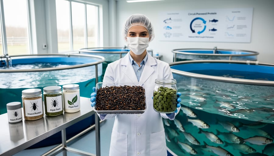 Researcher holding samples of sustainable aquaculture feed made from alternative protein sources