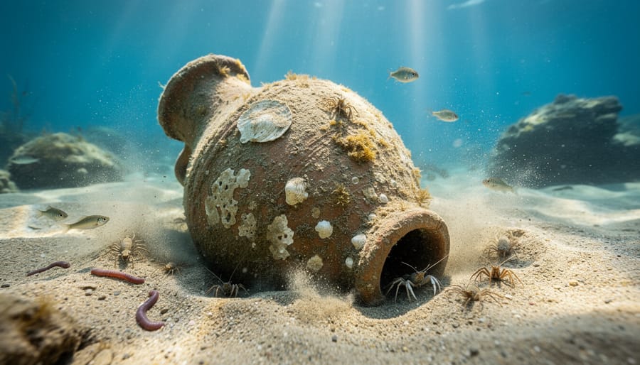 Ancient ceramic amphora partially buried in disturbed seafloor sediment showing effects of marine organism activity