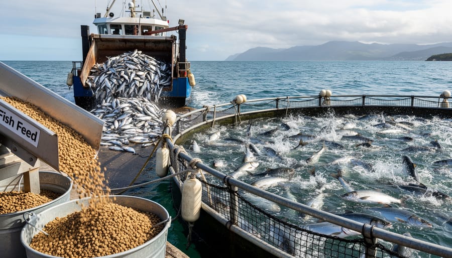 Aquaculture worker feeding fish with pellets made from wild-caught forage fish