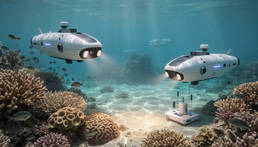 Yellow autonomous underwater drone with sensors hovering near colorful coral reef