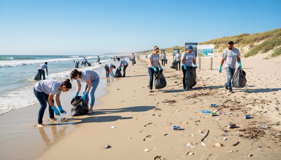 Volunteers collecting plastic debris and trash during organized beach cleanup