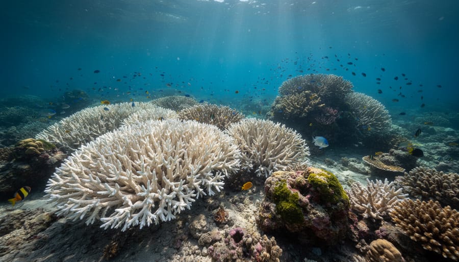 Bleached coral reef showing environmental damage from ocean acidification