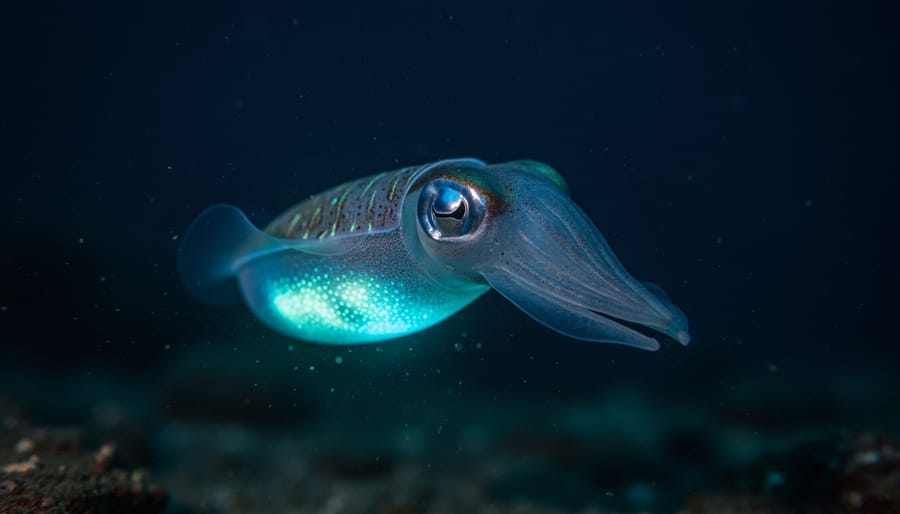 Hawaiian bobtail squid with glowing bioluminescent organs visible on its underside