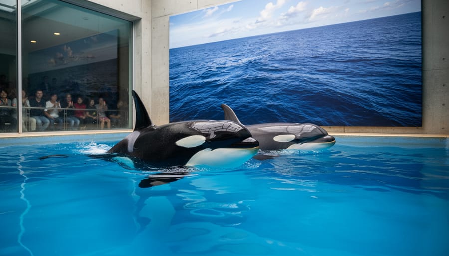Dolphin swimming near aquarium glass showing confined captive environment