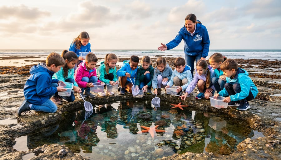Children with snorkel gear exploring a tide pool at the beach during marine conservation program