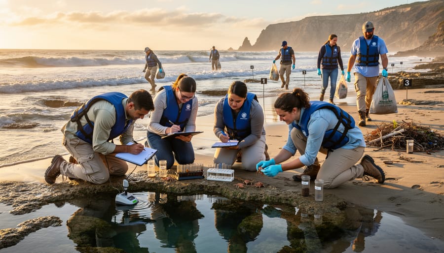 Group of volunteer citizen scientists conducting beach survey for marine conservation