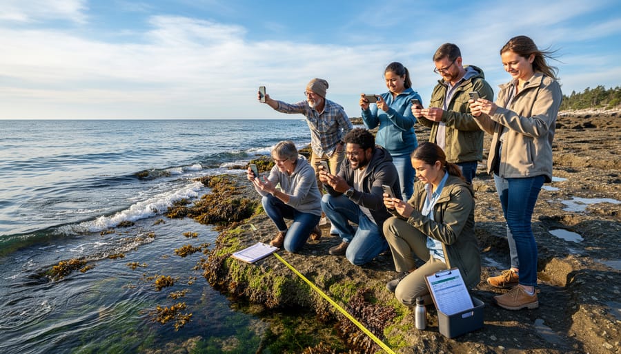 Volunteer using smartphone app to record marine observations at tide pool