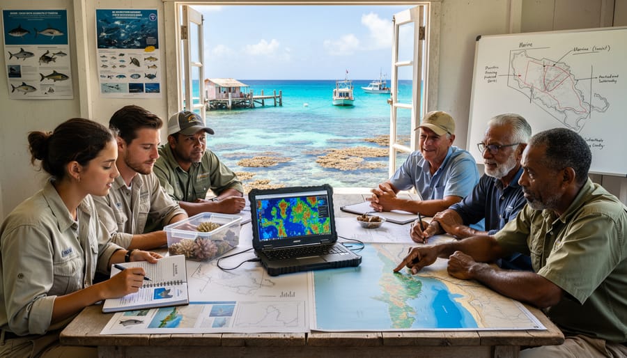 Marine scientists and community members collaborating on conservation research