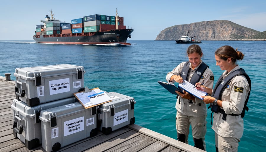 Conservation team loading scientific equipment and research materials onto vessel at dock