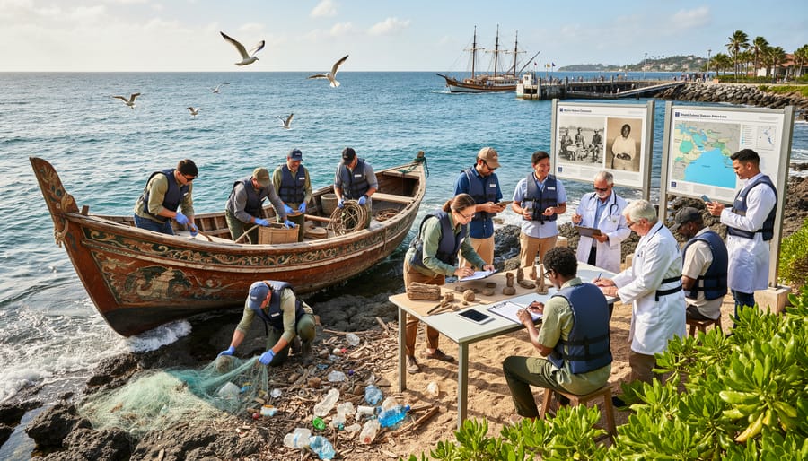Volunteers and local fishermen examining marine species together on beach during community conservation program
