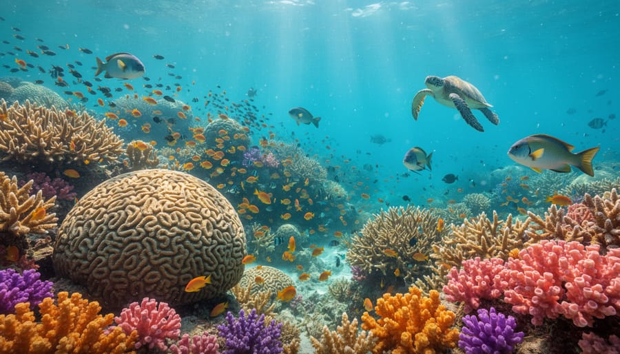 Vibrant coral reef with tropical fish swimming through colorful coral formations in clear blue water