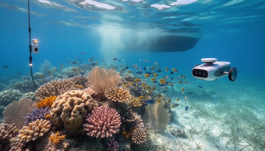 Vibrant coral reef with tropical fish and natural sunlight filtering through clear ocean water