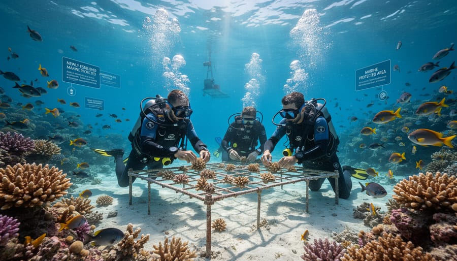Marine biologist working on coral reef restoration project in shallow water