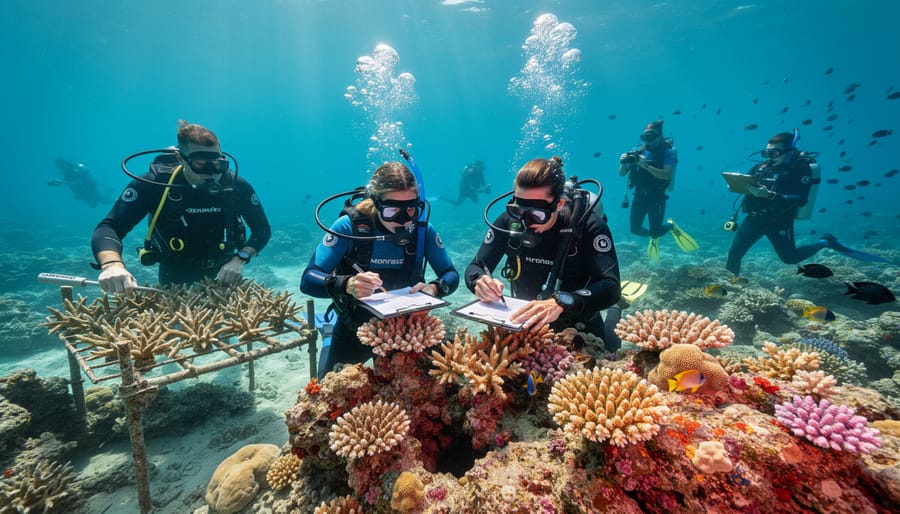 Marine biologist planting coral fragments in ocean restoration project