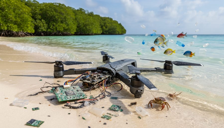 Broken traditional drone with plastic debris and electronic components on beach sand