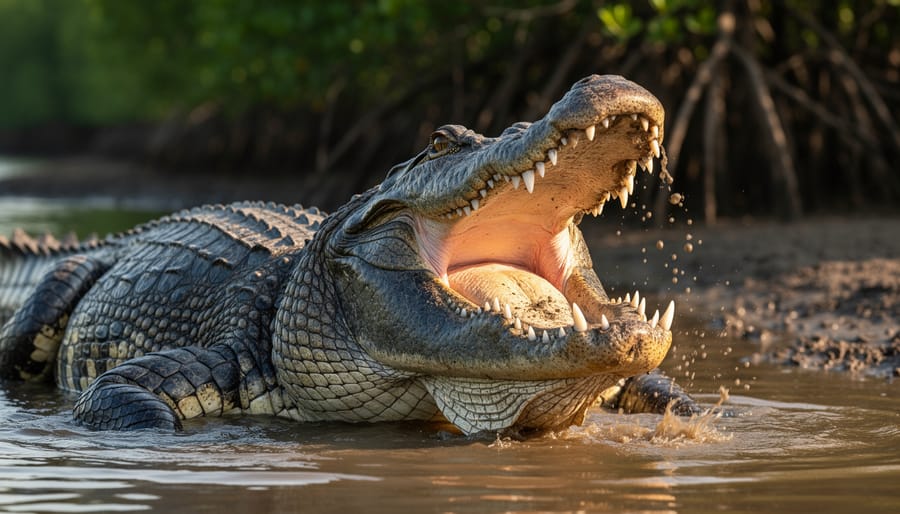 Close-up of saltwater crocodile's open jaws showing powerful teeth and jaw structure