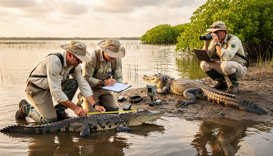 Wildlife biologist conducting conservation research with alligator in wetland habitat