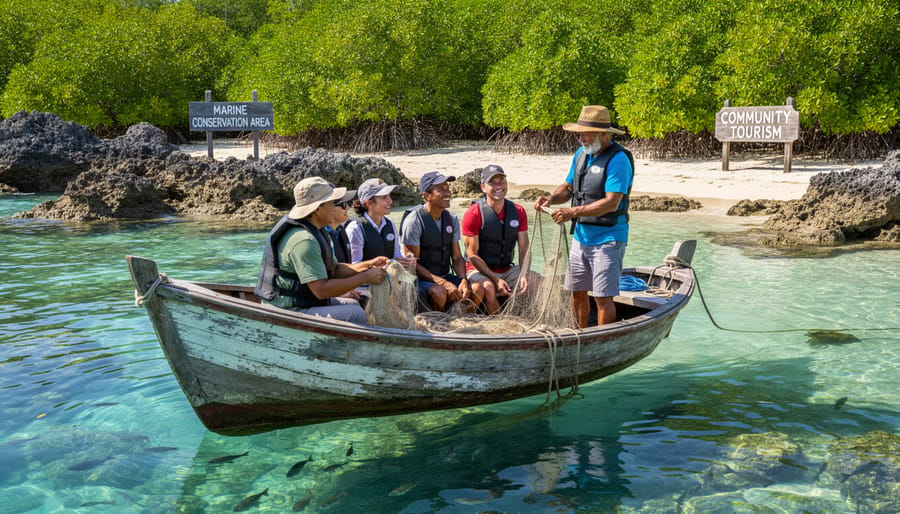 Traditional wooden outrigger canoe with tourists and local guide over coral reef in clear tropical waters