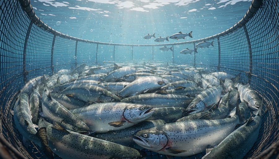 Dense school of farmed salmon swimming inside net pen enclosure underwater