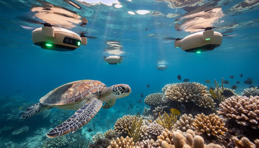 Aerial view of biodegradable drone flying above coral reef with sea turtle visible in clear water