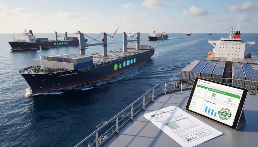 Aerial view of cargo ship with environmental technology sailing through clear ocean waters