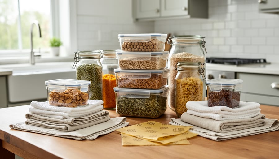 Dishes being packed in reusable bins using towels and biodegradable materials instead of plastic