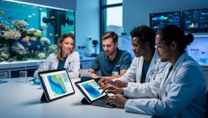 Diverse group of marine conservationists around a table in an aquarium research center, using a tablet and laptop with unlabeled ocean maps, with a blue fish tank and lab environment softly blurred behind them.